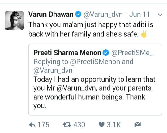 actor varun dhavan twitter account and post for aditi