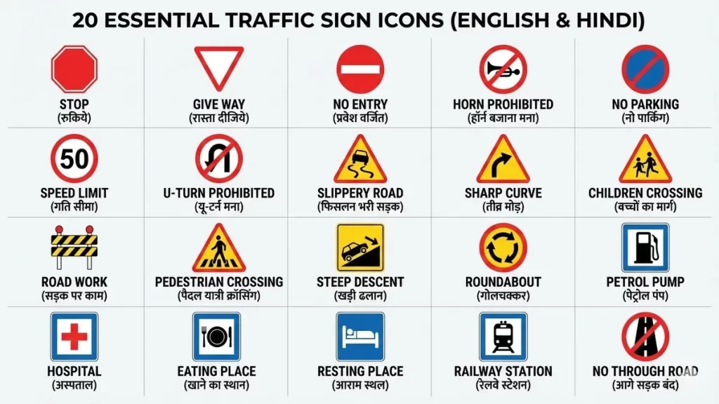 Essential Traffic Signs, Road Safety, Traffic Rules, Mandatory Signs, Cautionary Signs.